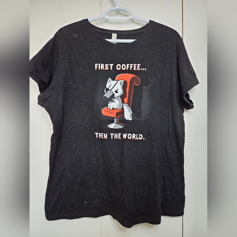 ☀️Teeturtle Women's XL "First Coffee Then The World" Black Evil Cat Crewneck Tee